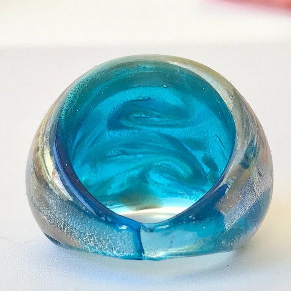 Murano Style Glass Dome Cocktail Ring Size 7 Aqua Blue Metallic - Picture 8 of 12